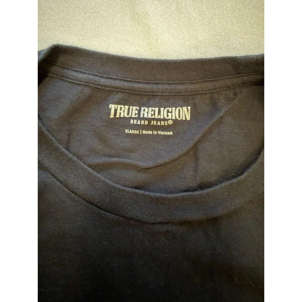 True Religion Mens XL Black T Shirt Oversize Buddha Guitar Graphic Crew